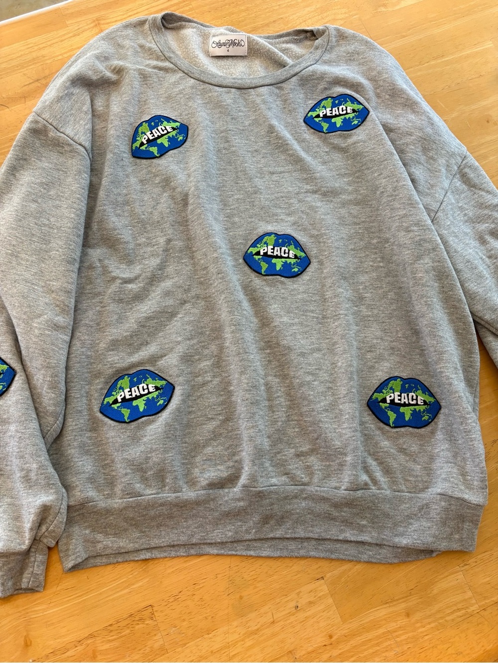 Lauren Moshi Gray Crewneck Sweatshirt with Blue & Green Peace Patches